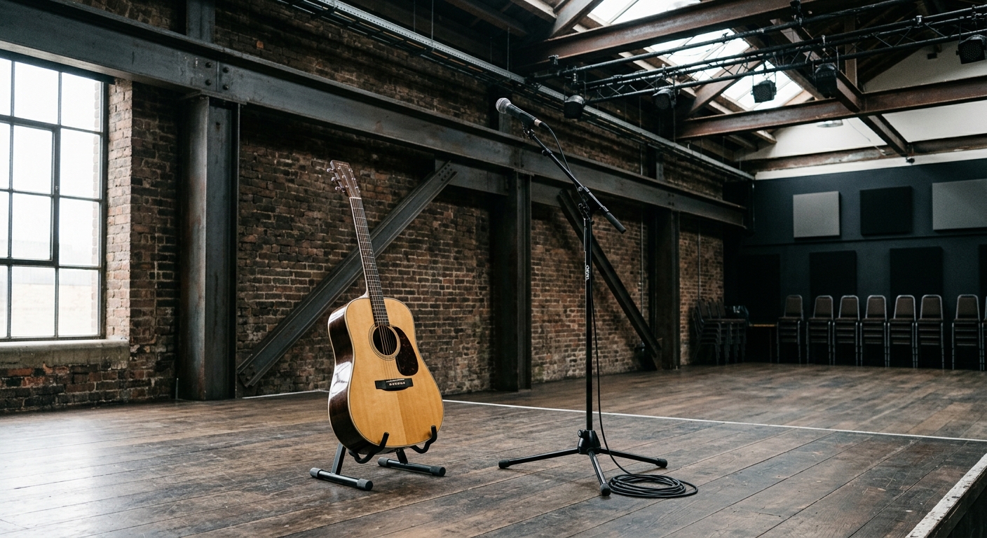 an acoustic guitar resting on a stand next to a microphone on an empty stage inside a modern industrial-style music venue with exposed brick and steel beams, na