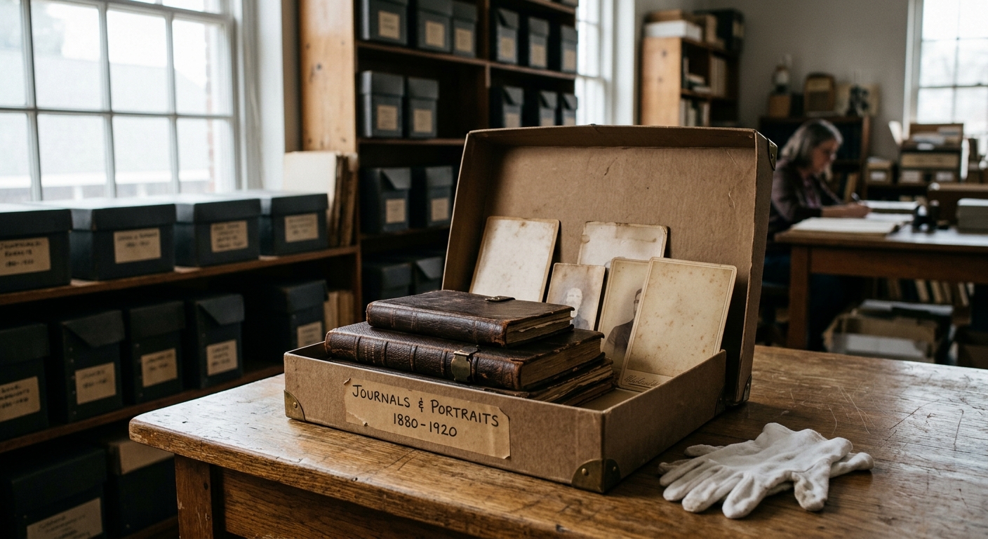 an open archival storage box containing aged leather-bound journals, blank sepia-toned vintage portraits, and a pair of white cotton gloves resting on a rustic