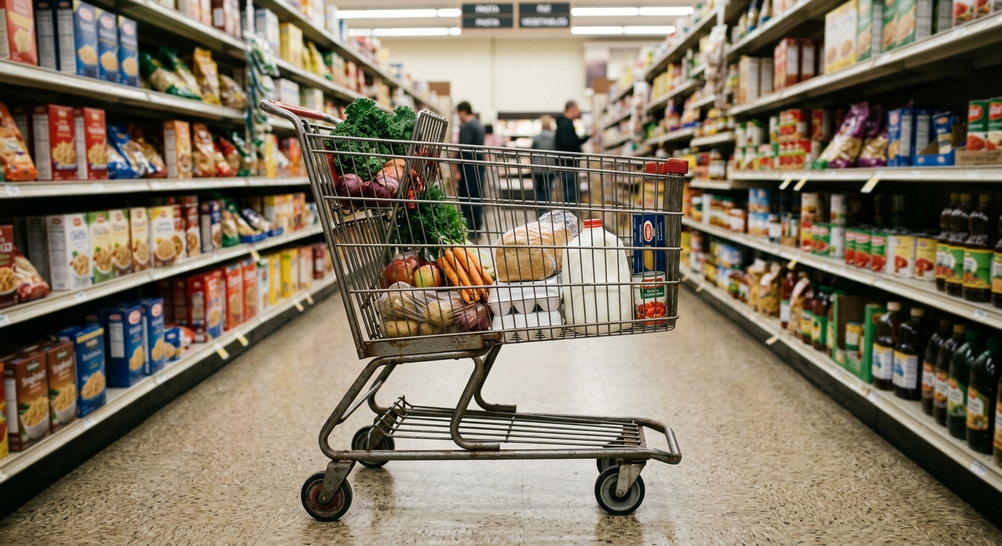 a partially filled metal shopping cart containing basic groceries like fresh vegetables and plain pantry staples, sitting in a typical Midwestern supermarket ai