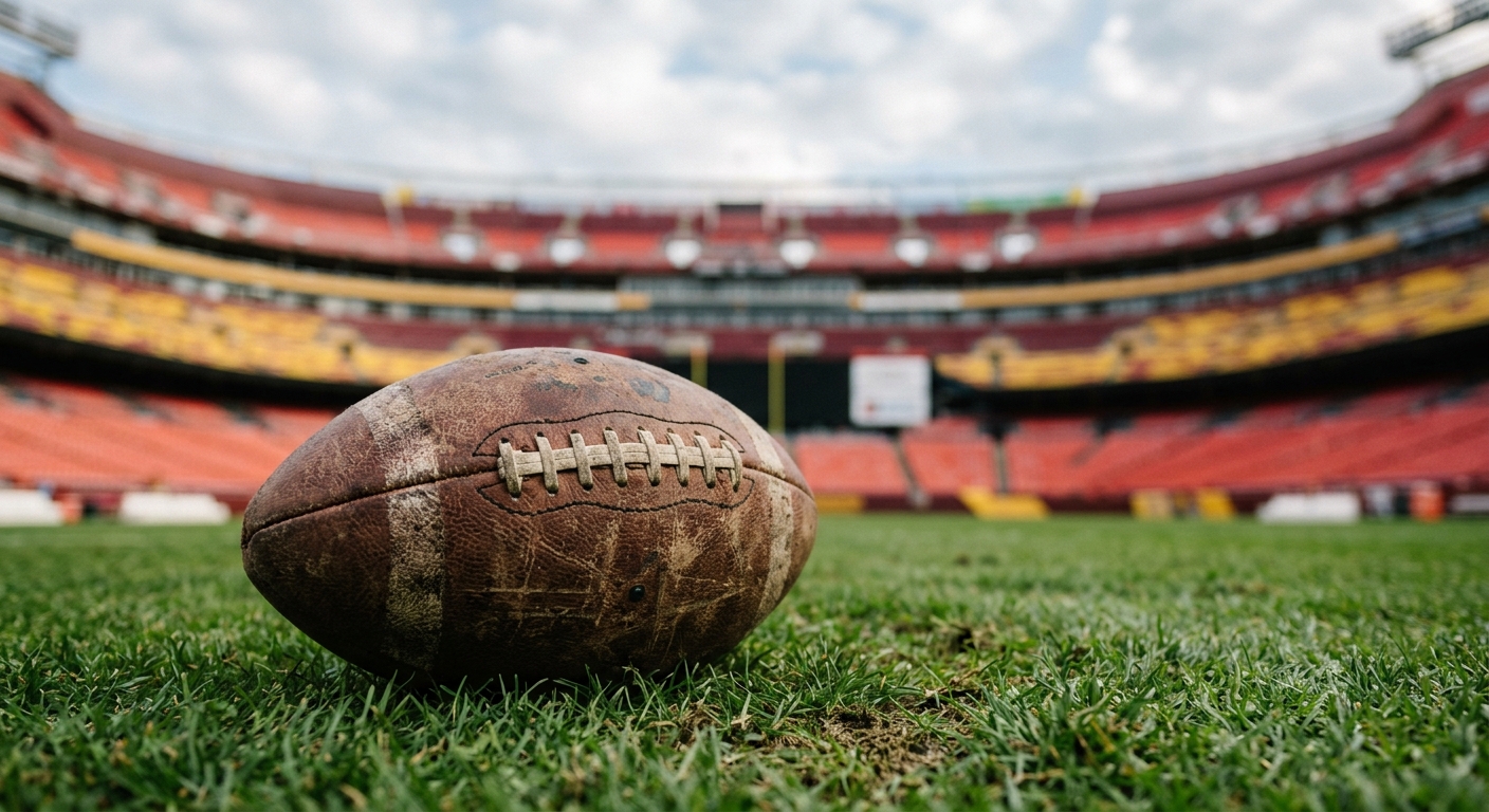 a weathered American football resting on the green turf of an outdoor stadium, with blurred red and yellow stadium seating in the background under a midwestern