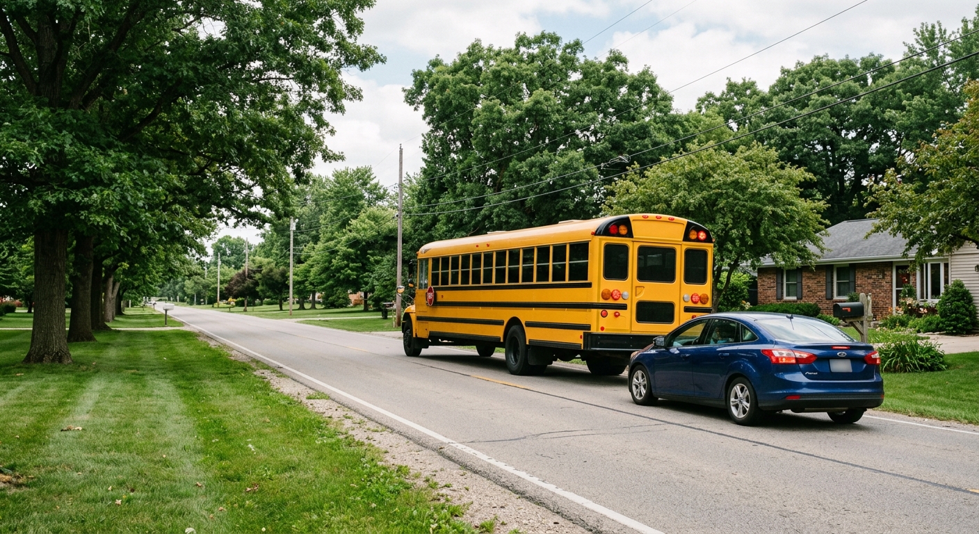 a large yellow school bus stopped on a standard two-lane Midwestern residential road bordered by mature oak trees and grassy lawns, a generic passenger car wait