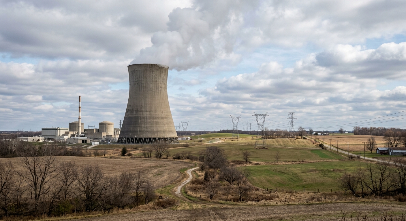 a large concrete cooling tower of a nuclear power plant emitting steam, surrounded by gently rolling green fields, bare trees, and industrial power lines typica