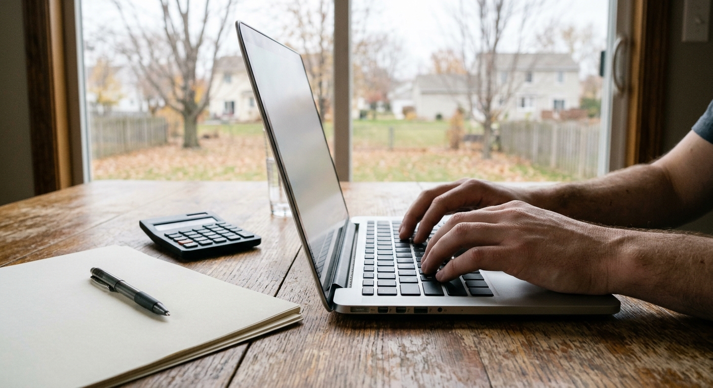 a close-up of hands typing on a modern silver laptop keyboard next to a calculator and blank paperwork on a wooden dining table, a window in the background show