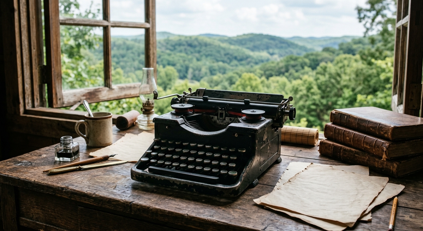 a vintage mechanical typewriter sitting on a weathered wooden desk surrounded by scattered, worn manuscript pages and old leather-bound books, with a rustic win