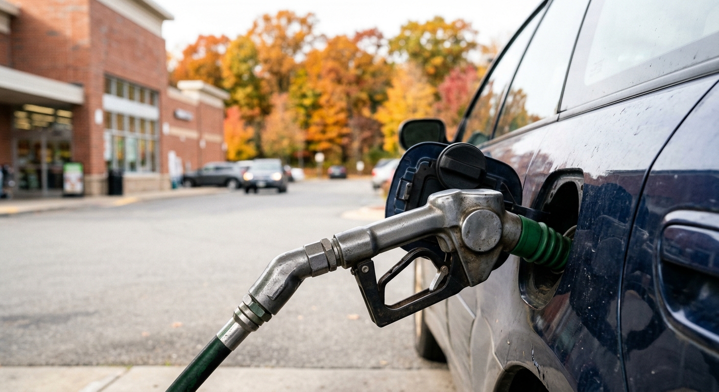 a standard metal fuel pump nozzle resting in a vehicle gas port at a typical suburban filling station, with a slightly blurred view of a neighborhood grocery ma