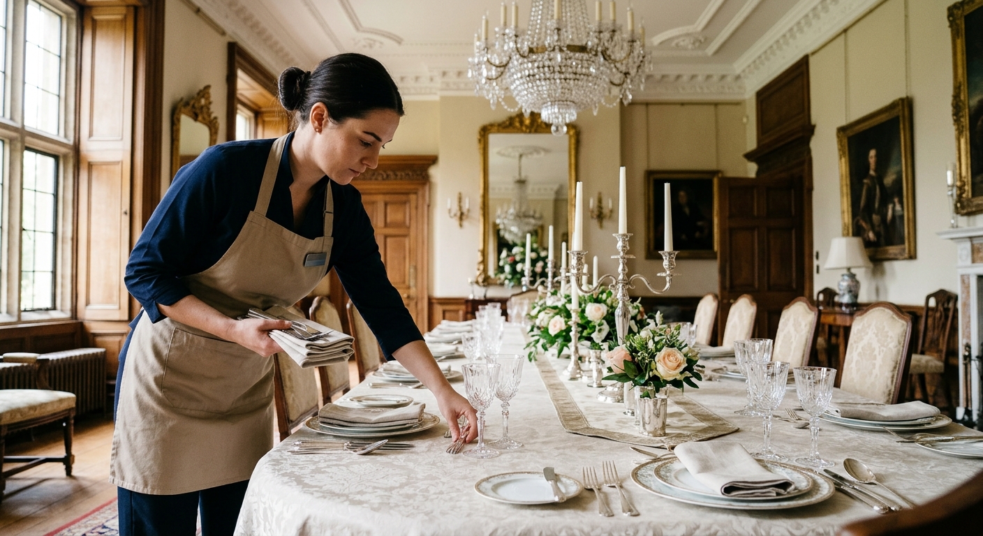 a person wearing a hospitality apron carefully arranging silverware and folded cloth napkins on a formal dining table inside a historic, elegant mansion dining