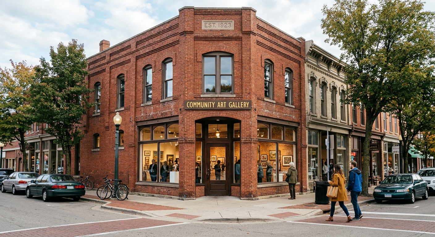 a historic 1920s red brick building in a small Midwestern downtown with large front windows revealing an indoor community art gallery, a few pedestrians on the