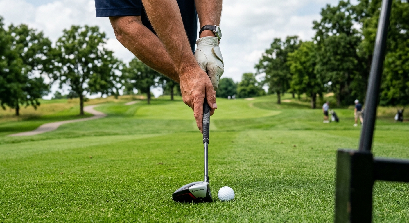 a golfer's hands resting firmly on the grip of a golf club while standing on a lush green fairway, featuring slightly out-of-focus midwestern oak trees and roll