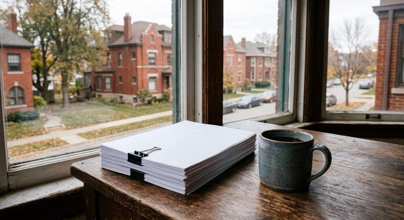 a stack of printed documents and a ceramic coffee mug resting on a wooden desk near a window overlooking a quiet street with classic red brick architecture in t