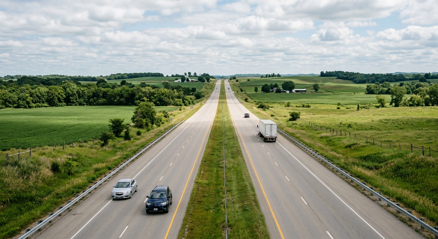 a straight stretch of a rural interstate highway with a few cars traveling past green rolling hills and open fields typical of the Midwest, natural everyday lig