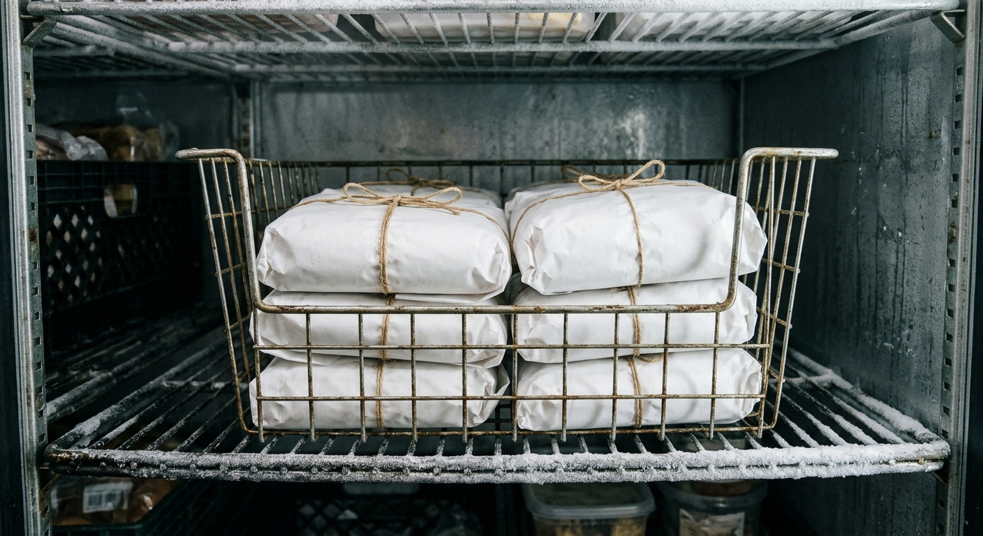 several plain white butcher paper packages stacked neatly inside a metal wire basket on a shelf in a community food bank refrigerator with frost on the metal ra