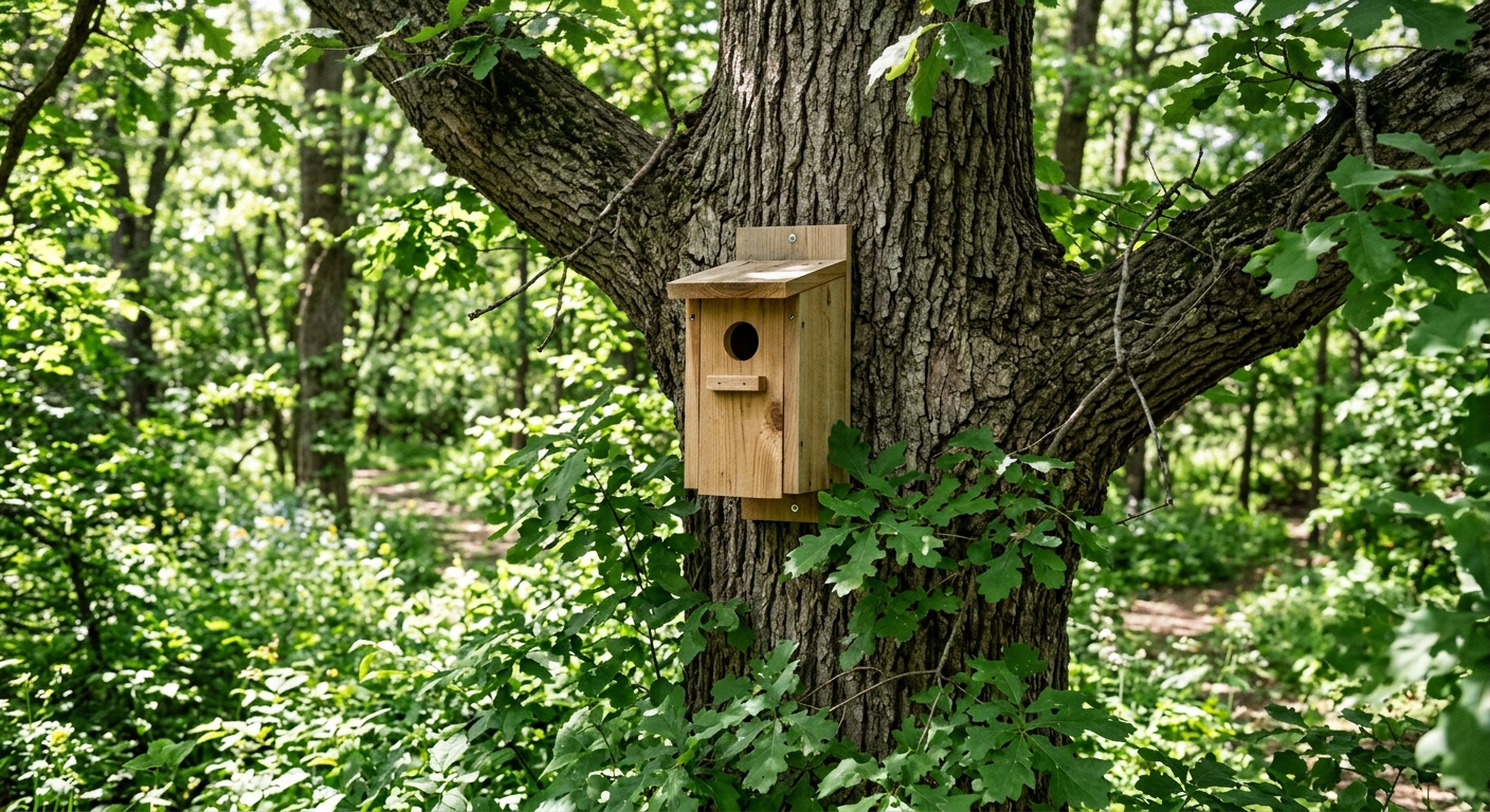 a newly built wooden birdhouse mounted on the trunk of a large oak tree in a lush Midwestern park, surrounded by green leaves and dappled sunlight, natural ever