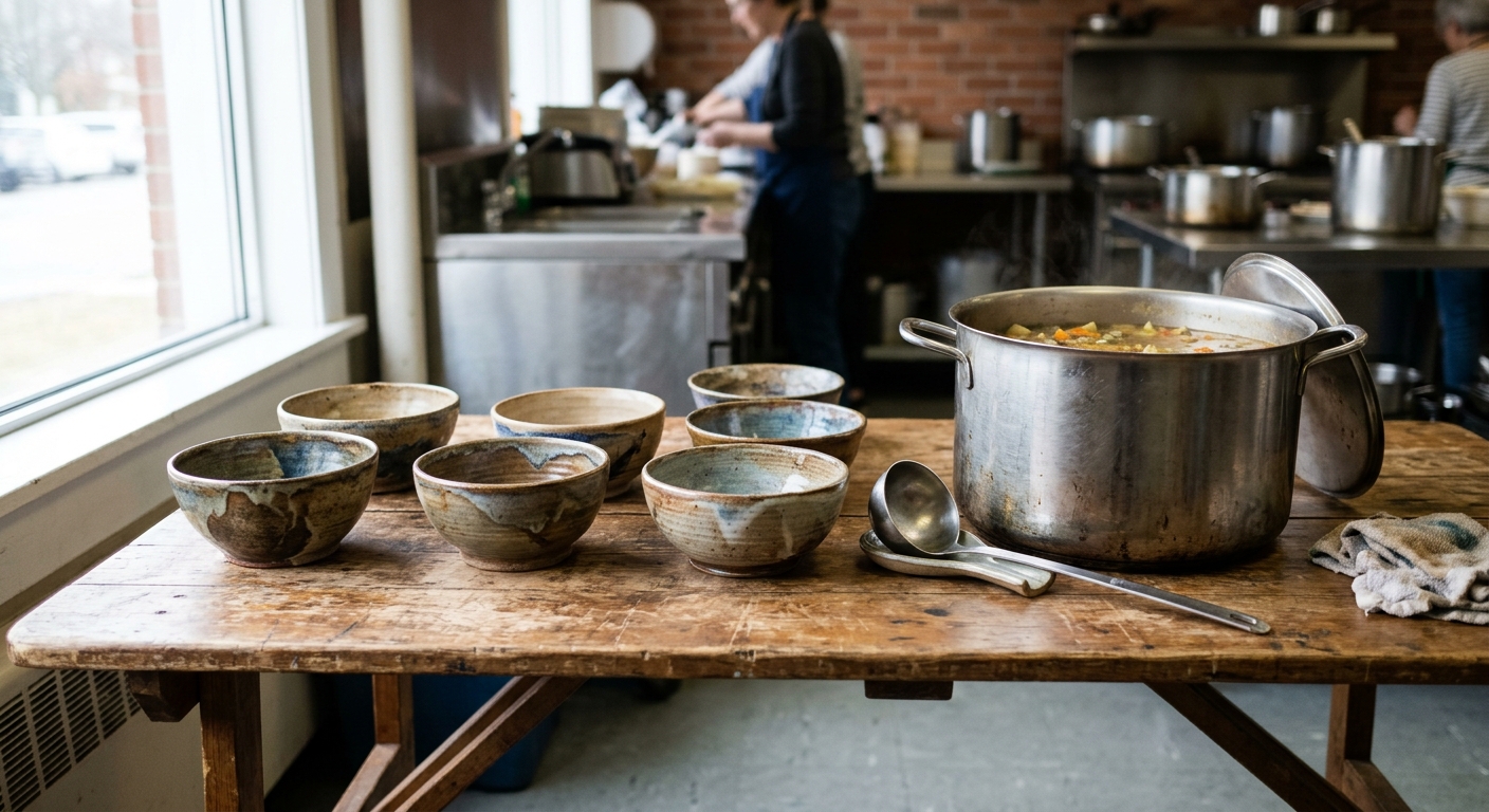 several rustic handmade ceramic bowls arranged on a wooden folding table beside a large stainless steel soup pot and a metal ladle in a community hall kitchen,