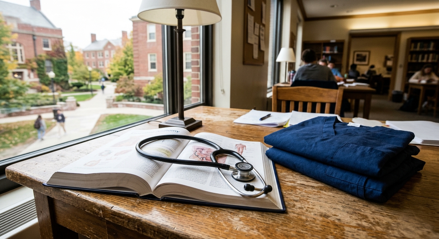 a standard medical stethoscope resting on an open textbook next to neatly folded blue medical scrubs on a wooden desk inside a college study room, classic midwe