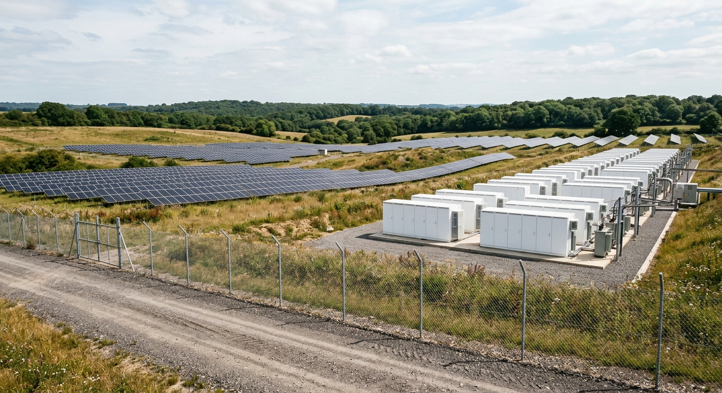rows of large white utility-scale battery storage cabinets and dark solar panels in a grassy field with gently rolling hills and distant deciduous trees, a grav