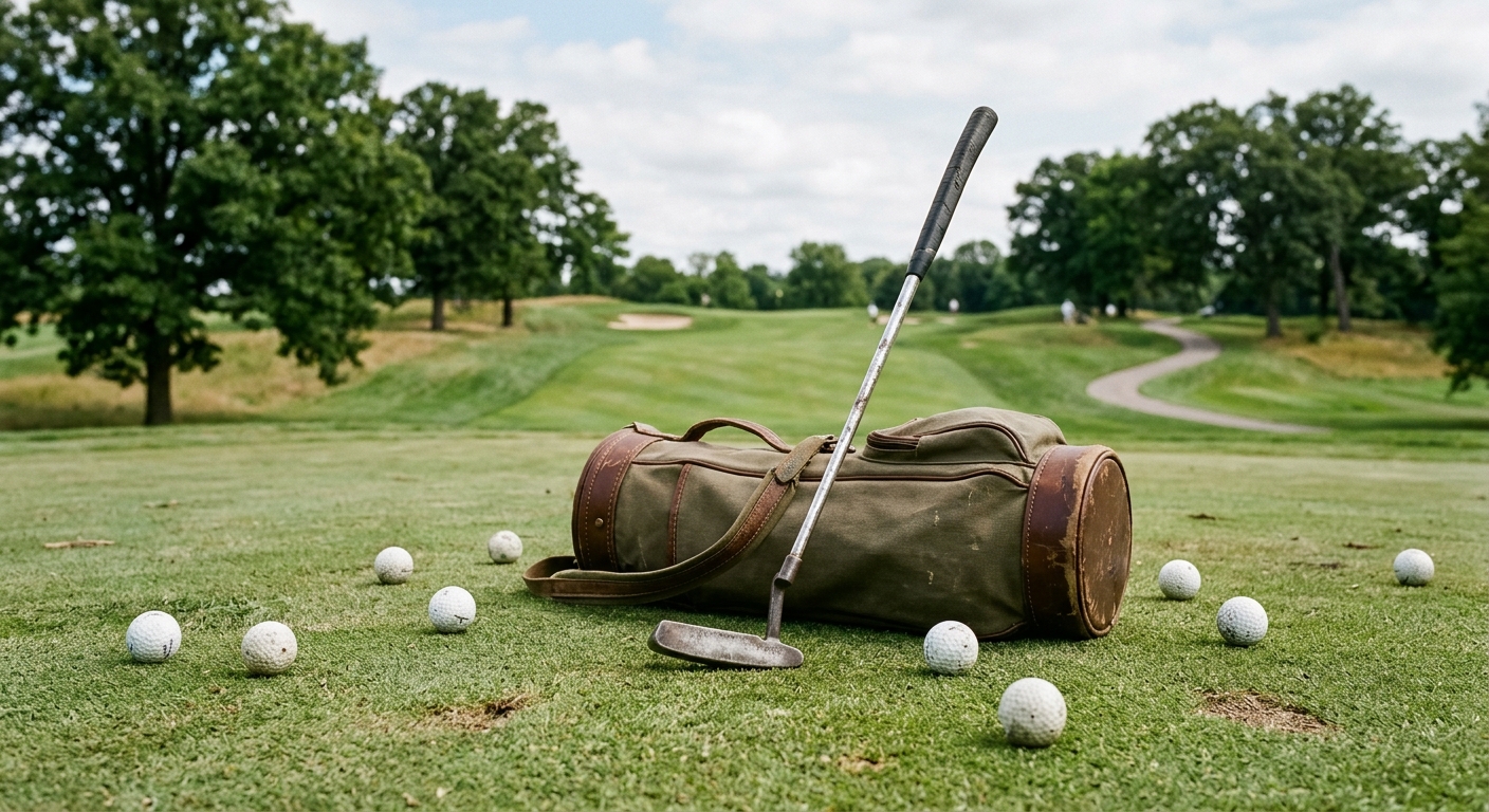 a worn steel putter leaning against a canvas golf bag on a practice putting green, surrounded by a few scattered golf balls, with rolling fairways and mature oa