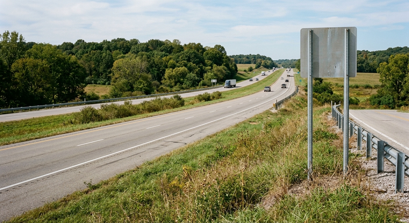 a rural interstate highway in the midwestern United States, featuring a metal roadside signpost on a grassy shoulder, with cars driving in the distance along th