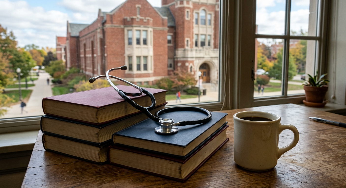 a standard medical stethoscope resting on a stack of thick academic textbooks next to a ceramic coffee mug on a wooden study desk, with a window in the backgrou