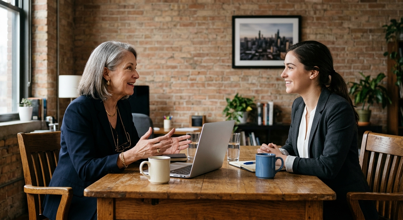 an older female executive in conversation with a younger professional across a wooden table in a brick-walled Midwestern office, an open blank laptop and coffee