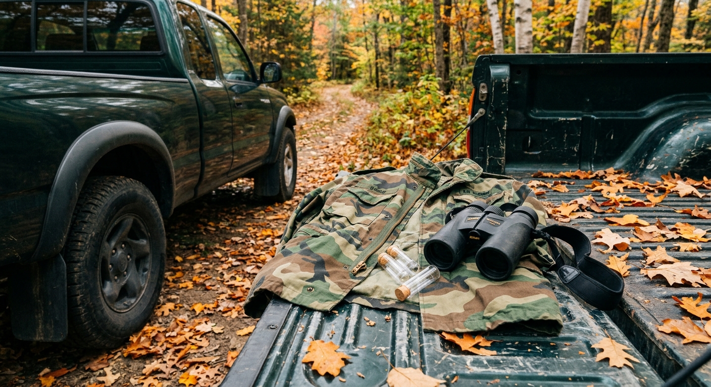 a camouflage jacket, a pair of binoculars, and small empty sample vials resting on the open tailgate of a dark green pickup truck parked next to a wooded trail