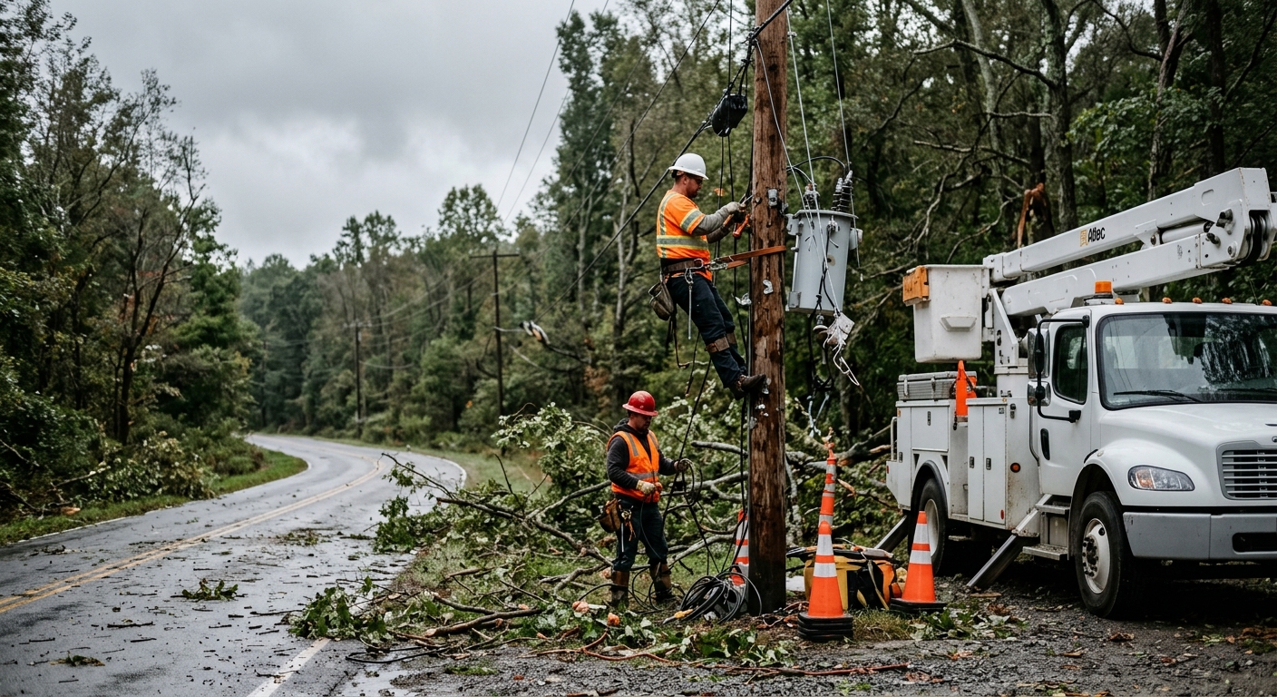 utility workers in hard hats and high-visibility safety vests repairing a wooden power pole, surrounded by fallen tree branches and storm debris along a rural r